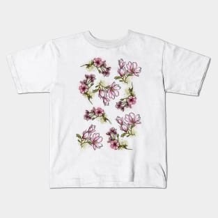 Pink Spring Flowers set, Art Nouveau flower pattern, nature, Magnolia and Cherry Blossom, Pastel, Watercolor style Kids T-Shirt